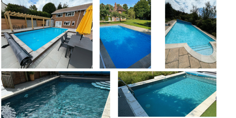 Multiple images of various freshly cleaned swimming pool